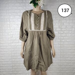 Brown Linen Babydoll Dress with White Lace Panels & Button Detail